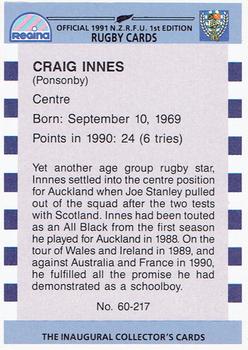 1991 Regina NZRFU 1st Edition #60 Craig Innes Back
